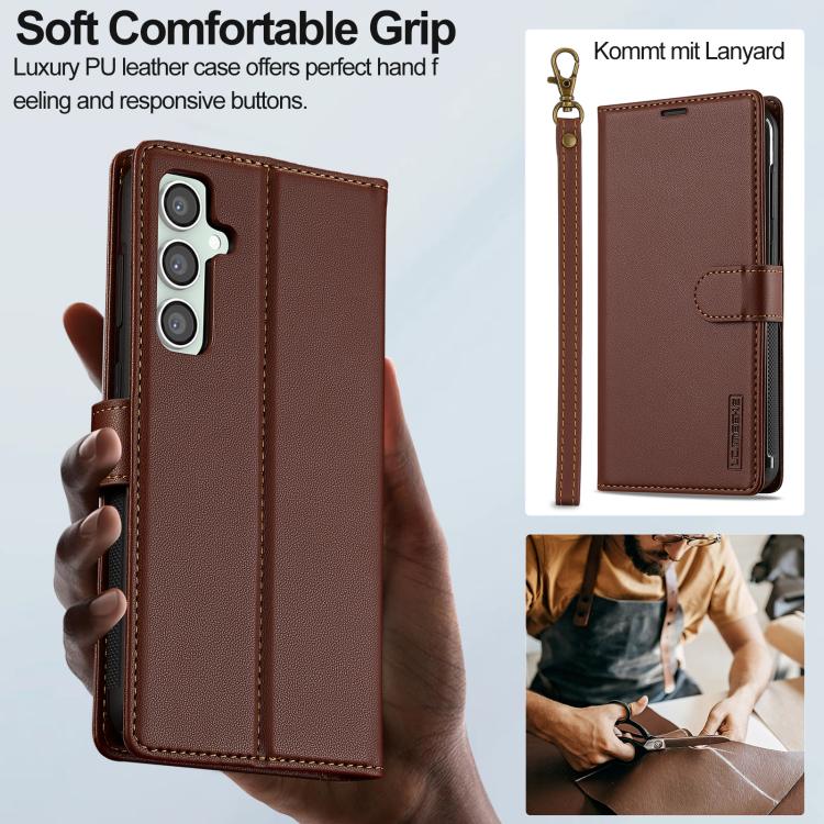 Pour Samsung Galaxy A36 5G LC.IMEEKE Série L2 Étui de Téléphone en PU Détachable Magsafe avec Lanière (Marron)