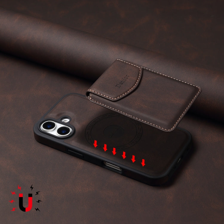 Pour iPhone 16 Plus Étui de téléphone Denior D19 avec sensation de peau et fente pour carte détachable MagSafe (Marron)