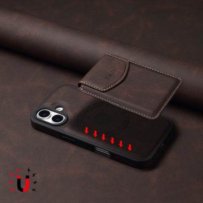 Pour iPhone 16 Plus Étui de téléphone Denior D19 avec sensation de peau et fente pour carte détachable MagSafe (Marron)