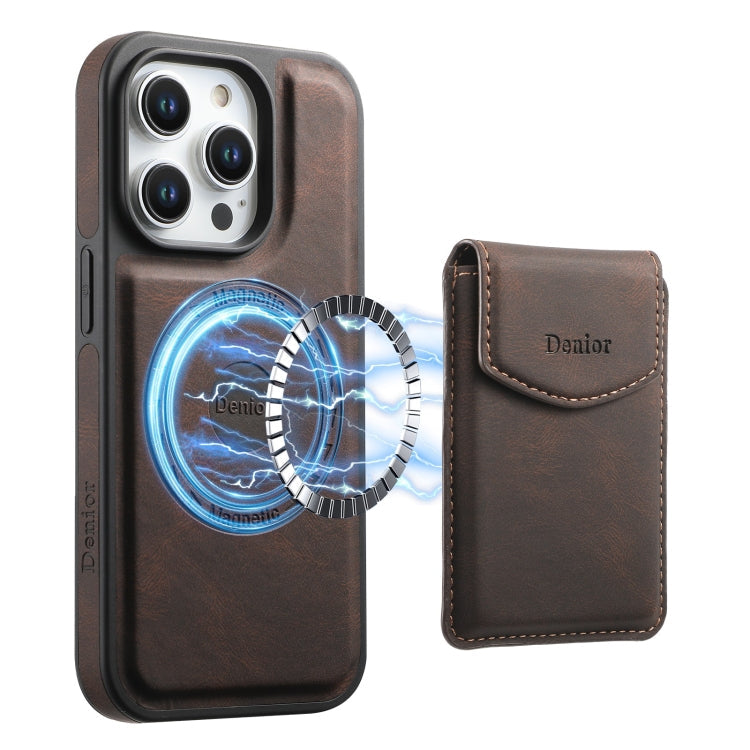 Pour iPhone 15 Pro Max Coque de téléphone Denior D19 amovible en cuir souple avec emplacement pour cartes et MagSafe (Marron)
