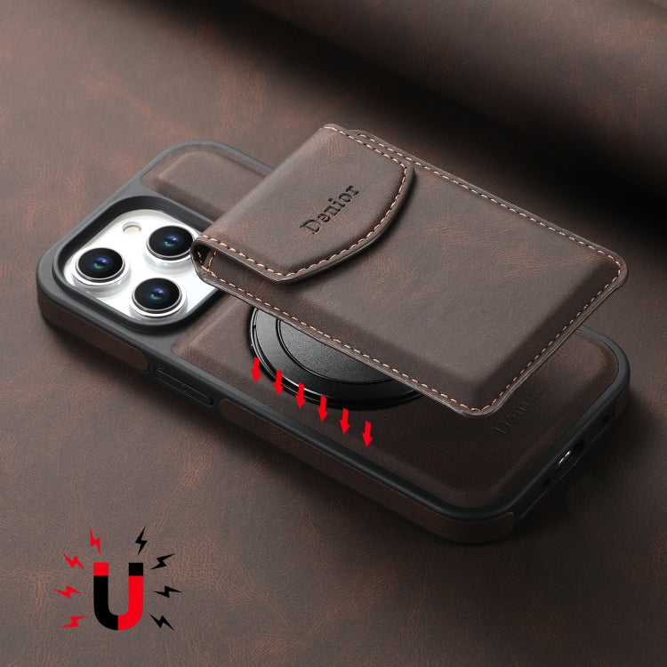 For iPhone 16 Pro Denior D20 Skin Feel MagSafe Holder Detachable Card Slot Phone Case(Brown)