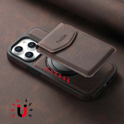 For iPhone 16 Pro Denior D20 Skin Feel MagSafe Holder Detachable Card Slot Phone Case(Brown)