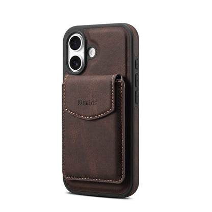 For iPhone 16 Denior D20 Skin Feel MagSafe Holder Detachable Card Slot Phone Case(Brown)