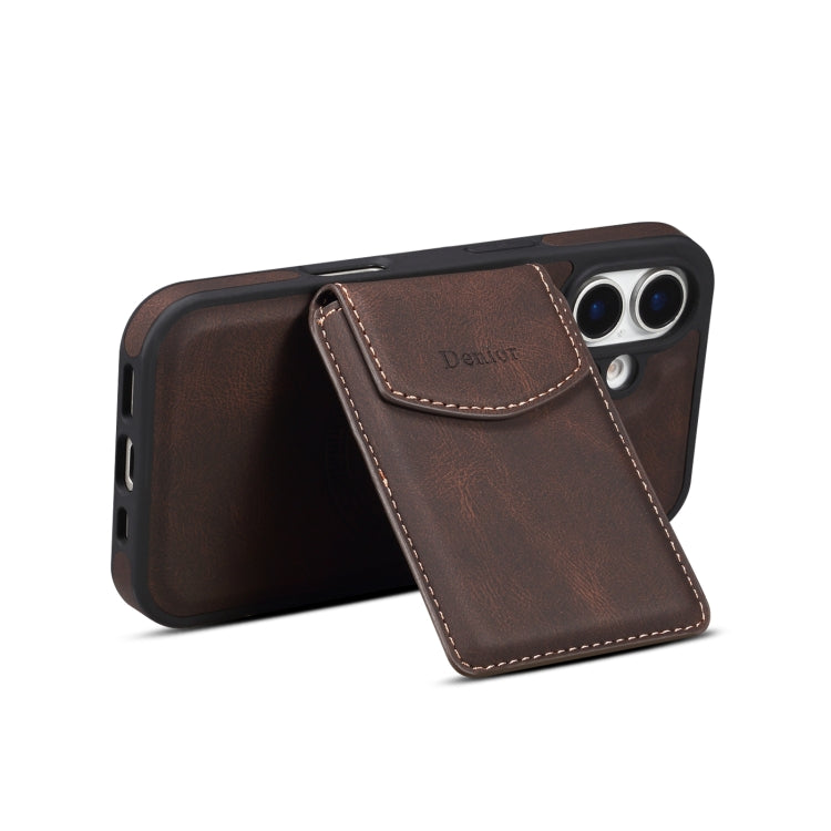 For iPhone 16 Denior D20 Skin Feel MagSafe Holder Detachable Card Slot Phone Case(Brown)