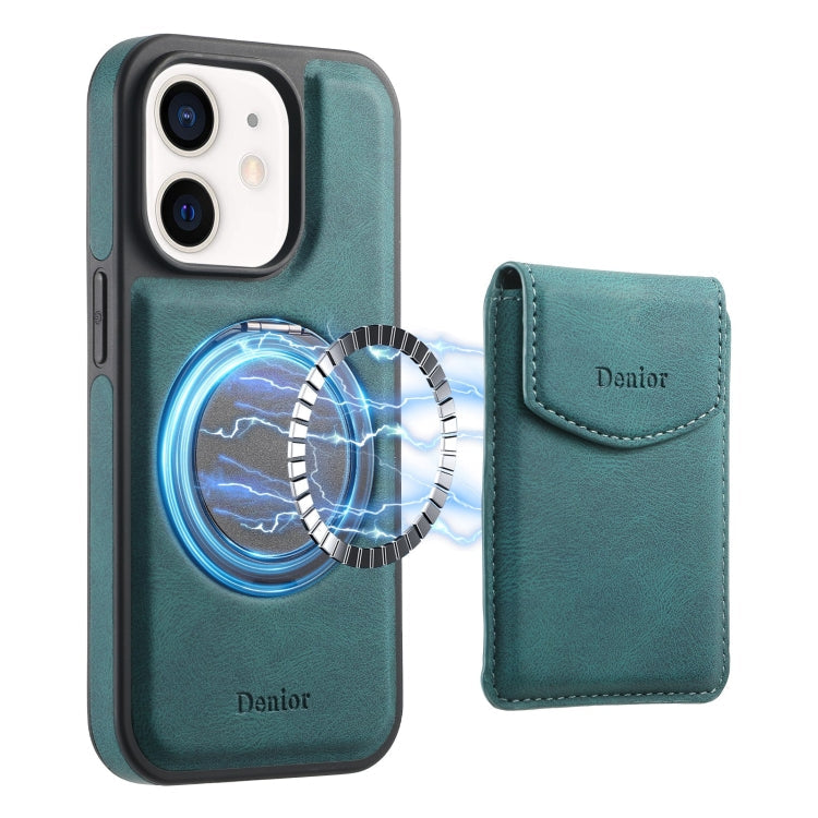 Pour iPhone 12 / 12 Pro Denior D20 Étui de téléphone à fente pour carte détachable et support MagSafe effet peau (bleu)