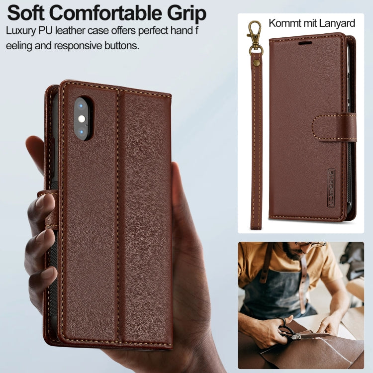 For iPhone XR LC.IMEEKE L2 Series Detachable Magsafe PU Phone Case with Lanyard(Brown)