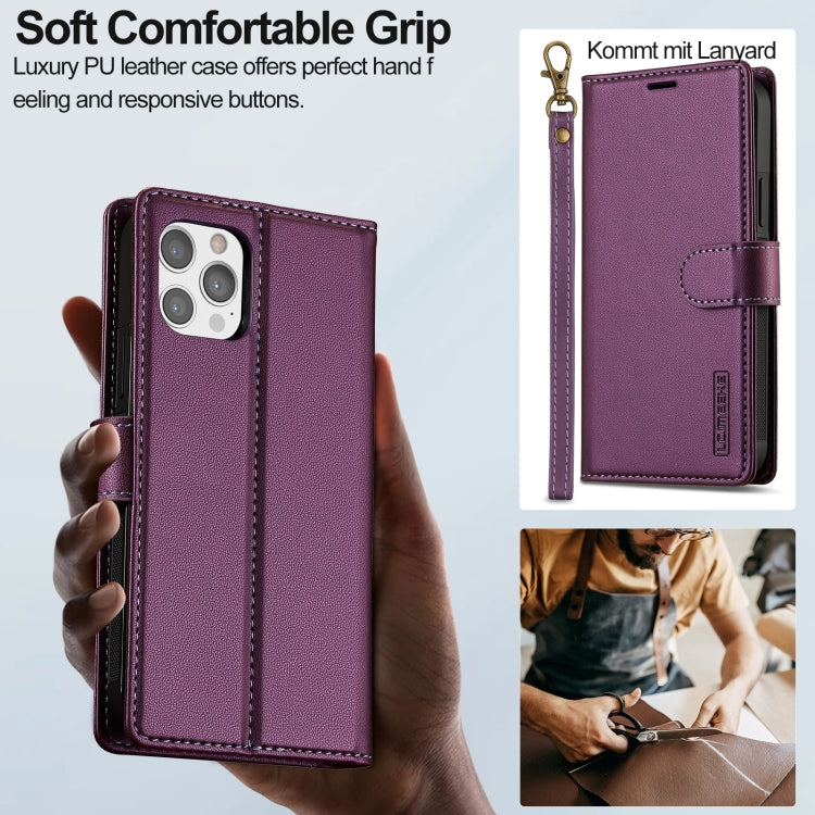 For iPhone 12 / 12 Pro LC.IMEEKE L2 Series Detachable Magsafe PU Phone Case with Lanyard(Purple)
