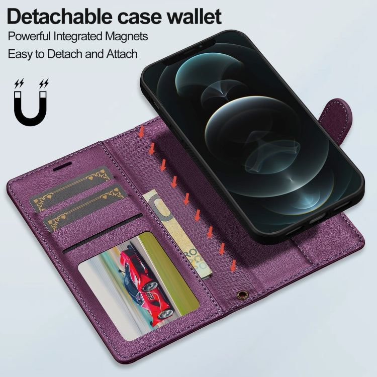 For iPhone 12 / 12 Pro LC.IMEEKE L2 Series Detachable Magsafe PU Phone Case with Lanyard(Purple)