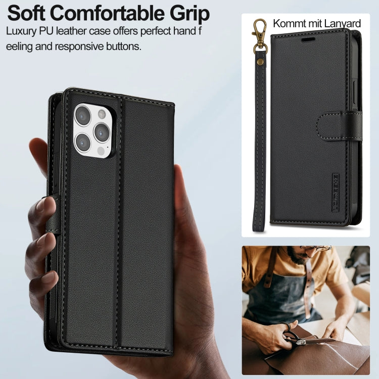 For iPhone 12 Pro Max LC.IMEEKE L2 Series Detachable Magsafe PU Phone Case with Lanyard(Black)