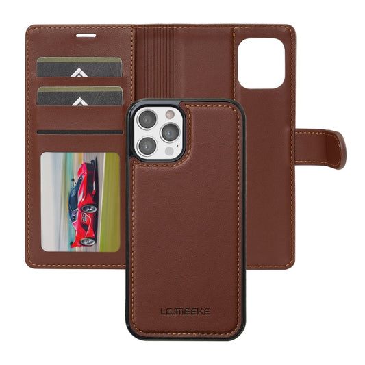 Pour iPhone 12 Pro Max Étui de téléphone en PU détachable LC.IMEEKE série L2 avec Magsafe et cordon (marron)