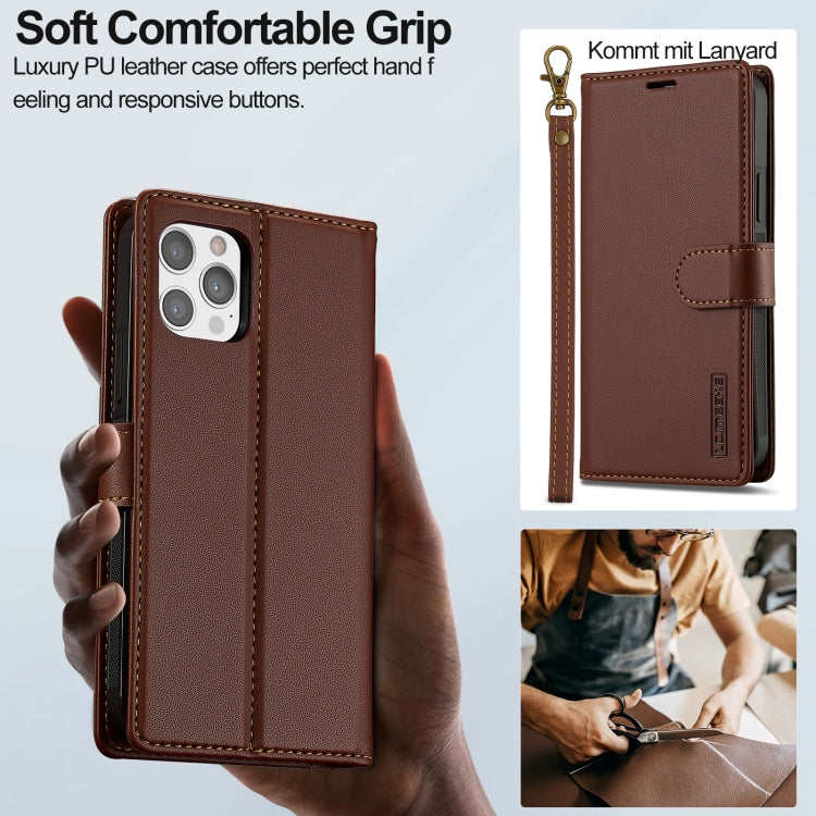 For iPhone 14 Pro Max LC.IMEEKE L2 Series Detachable Magsafe PU Phone Case with Lanyard(Brown)
