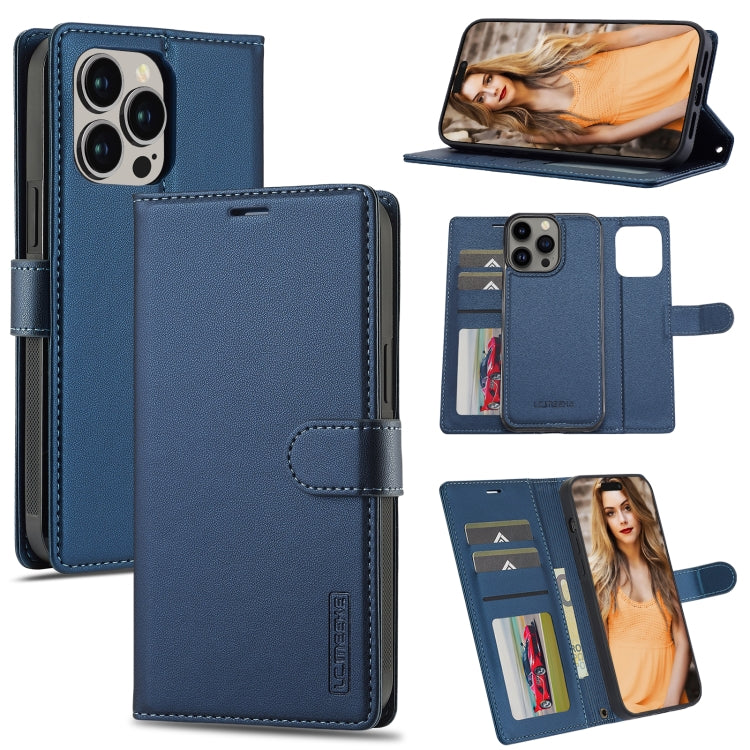 Pour iPhone 13 Pro Max LC.IMEEKE L2 Series Étui de téléphone détachable en PU avec MagSafe et cordon (Bleu)