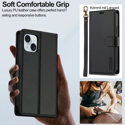 For iPhone 13 LC.IMEEKE L2 Series Detachable Magsafe PU Phone Case with Lanyard(Black)