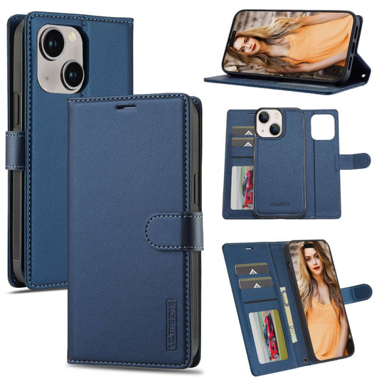Pour iPhone 13 LC.IMEEKE Étui de téléphone en PU amovible avec cordon et Magsafe série L2 (bleu)