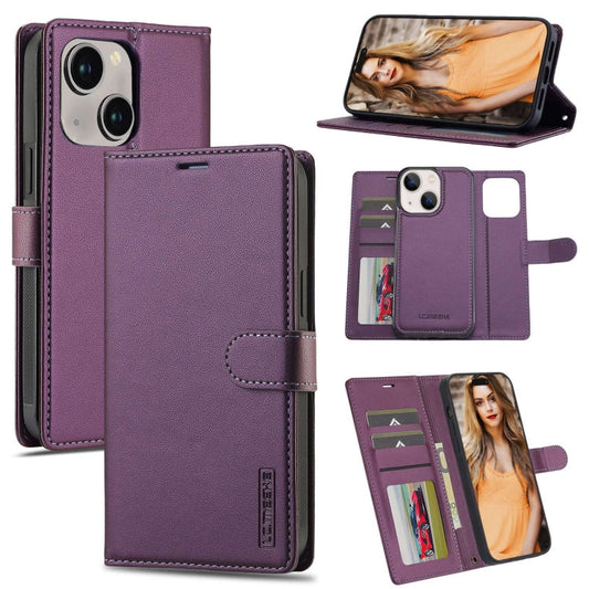 Pour iPhone 13 LC.IMEEKE Étui de téléphone détachable en PU avec Magsafe et Lanière Série L2 (Violet)