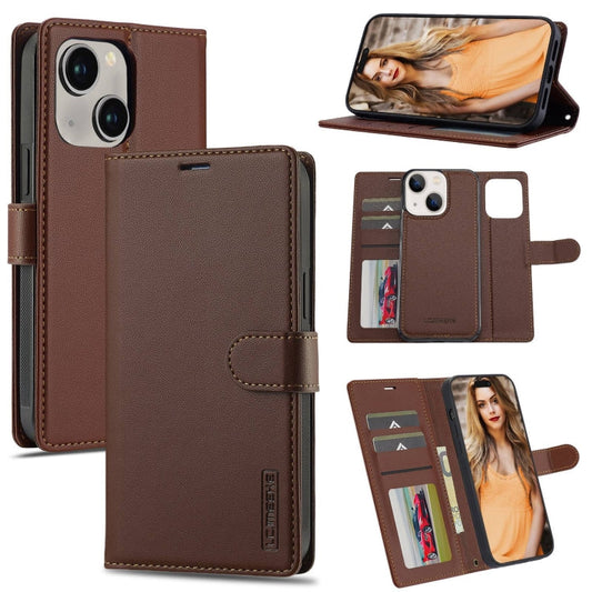 Pour iPhone 14 LC.IMEEKE Étui de téléphone en PU détachable avec cordon de la série L2 Magsafe (Marron)