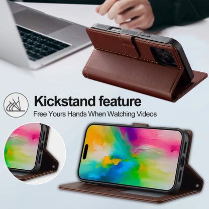 For iPhone 16 Pro LC.IMEEKE L2 Series Detachable Magsafe PU Phone Case with Lanyard(Brown)