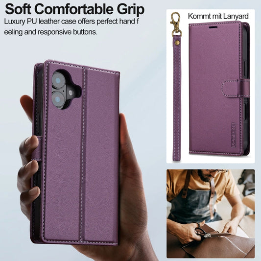 For iPhone 16 Plus LC.IMEEKE L2 Series Detachable Magsafe PU Phone Case with Lanyard(Purple)