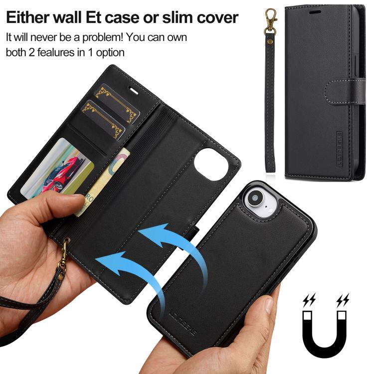 For iPhone 16e / 17e LC.IMEEKE L2 Series Detachable Magsafe PU Phone Case with Lanyard(Black)
