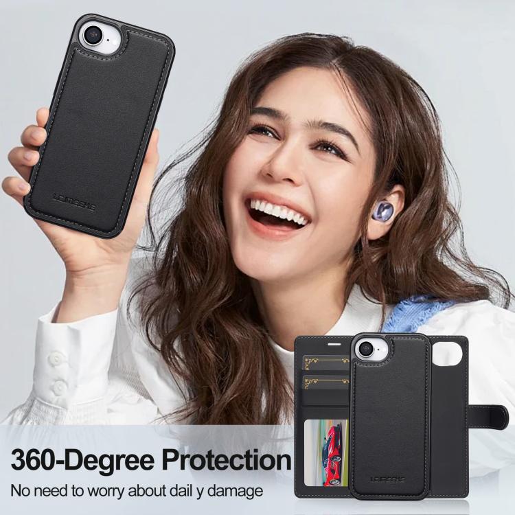 For iPhone 16e / 17e LC.IMEEKE L2 Series Detachable Magsafe PU Phone Case with Lanyard(Black)