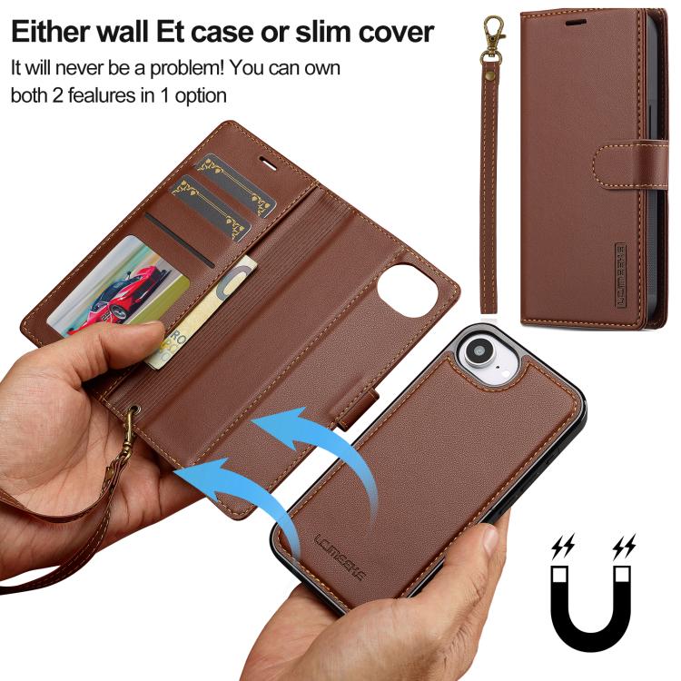 For iPhone 16e / 17e LC.IMEEKE L2 Series Detachable Magsafe PU Phone Case with Lanyard(Brown)