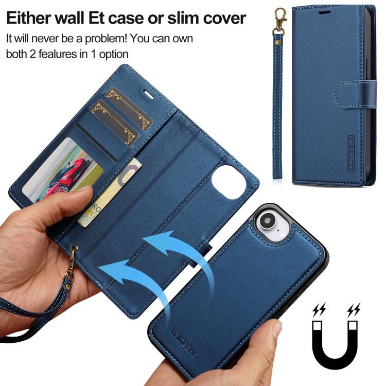 Pour iPhone 16e / 17e LC.IMEEKE Étui de téléphone en PU détachable série L2 Magsafe avec lanière (Bleu)
