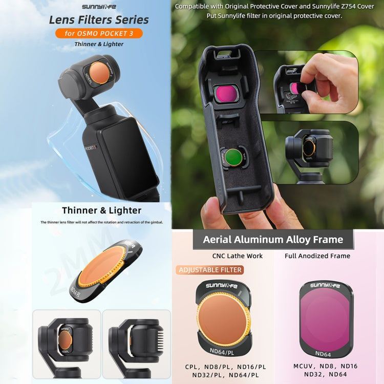 For DJI Osmo Pocket 3 Sunnylife Camera Lens Magnetic Metal Filter, No Impact On Gimbal Reset, Filter:ND32PL