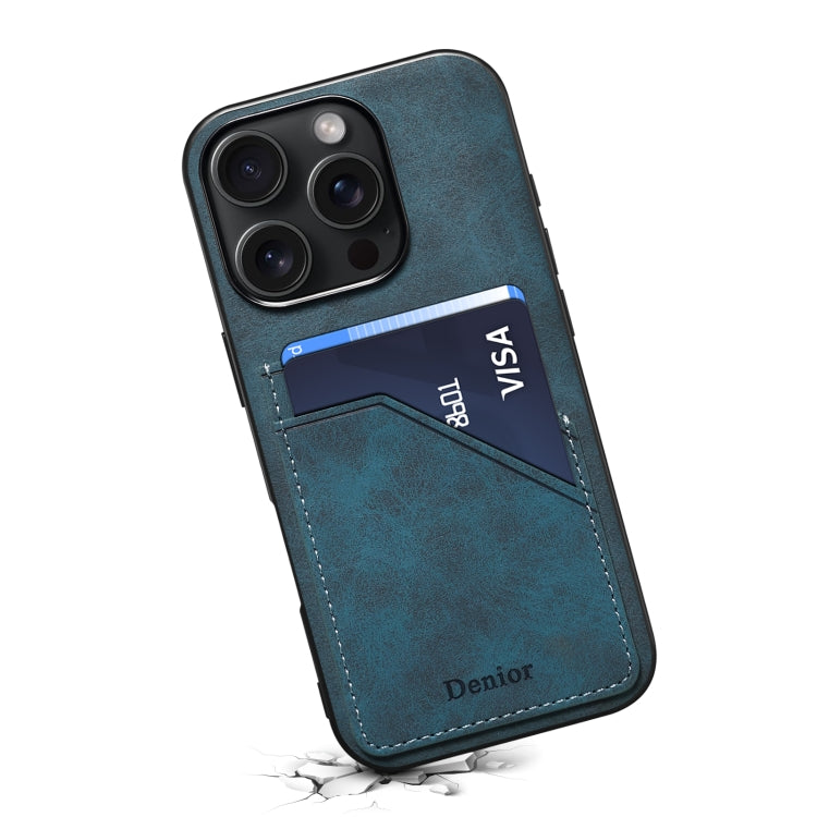 For iPhone 16 Plus Denior D09 PU Dual Card Slot Back Cover Phone Case(Blue)