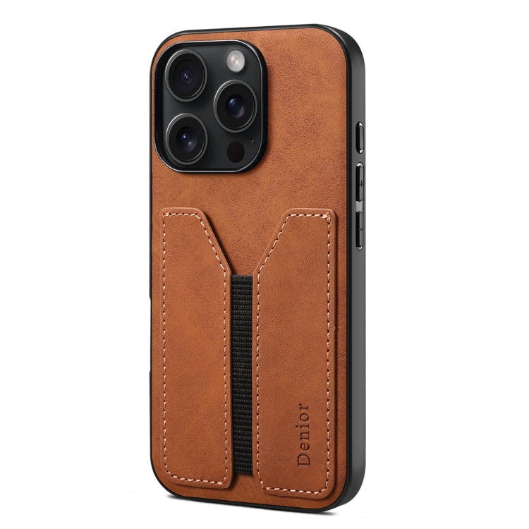 Pour iPhone 16 Pro Denior D07 DV Coque arrière en PU avec fente pour cartes élastique (marron)