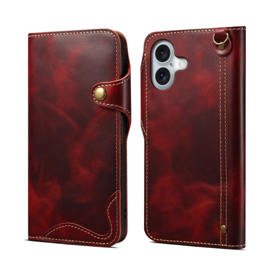 Pour iPhone 16 Denior B01 Étui en Cuir Véritable avec Bouton Magnétique en Peau de Vache Cirée (Rouge)