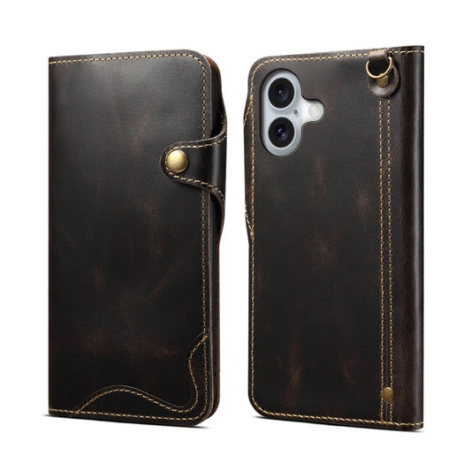 Pour iPhone 16 Denior B01 Étui en cuir véritable en peau de vache cirée à bouton magnétique (Noir)