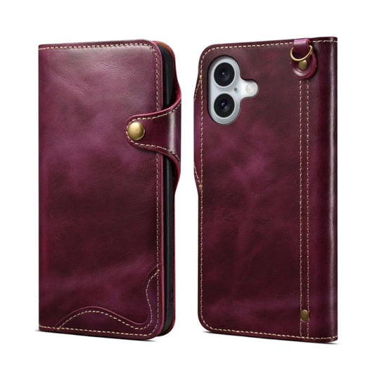 Pour iPhone 16 Denior B01 Étui en cuir véritable en peau de vache cirée à bouton magnétique (violet)