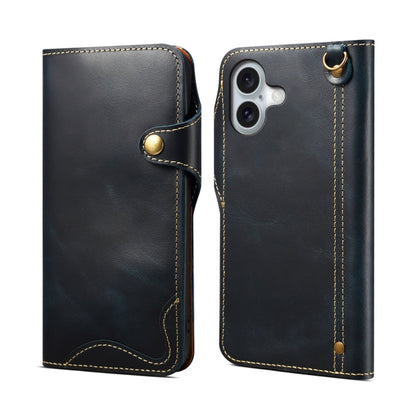 For iPhone 16 Denior B01 Oil Wax Cowhide Magnetic Button Genuine Leather Case(Blue)