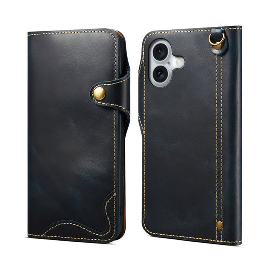 Pour iPhone 16 Denior B01 Étui en cuir véritable en peau de vache cirée à bouton magnétique (bleu)