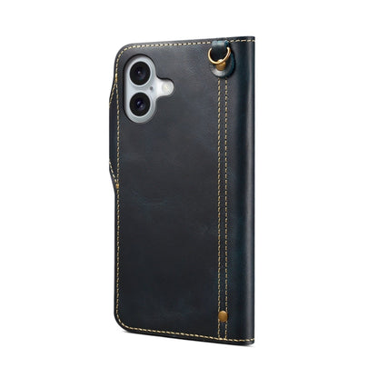 For iPhone 16 Denior B01 Oil Wax Cowhide Magnetic Button Genuine Leather Case(Blue)