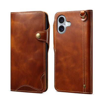 Pour étui en cuir véritable à bouton magnétique Denior B01 en cuir de vachette ciré pour iPhone 16 (marron)