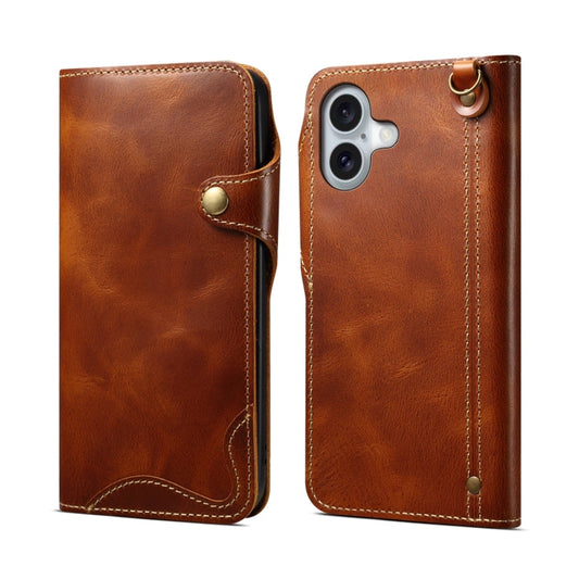 Pour étui en cuir véritable à bouton magnétique Denior B01 en cuir de vachette ciré pour iPhone 16 (marron)