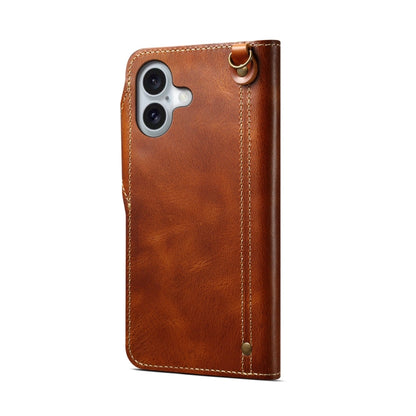Pour étui en cuir véritable à bouton magnétique Denior B01 en cuir de vachette ciré pour iPhone 16 (marron)