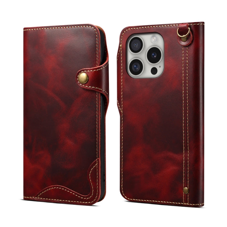 Pour iPhone 16 Pro Denior B01 Étui en Cuir Véritable avec Bouton Magnétique en Cuir de Vachette Ciré (Rouge)