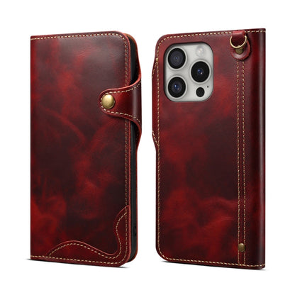 Pour iPhone 16 Pro Denior B01 Étui en Cuir Véritable avec Bouton Magnétique en Cuir de Vachette Ciré (Rouge)