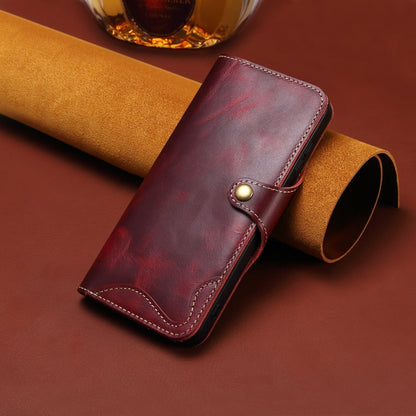 Pour iPhone 16 Pro Denior B01 Étui en Cuir Véritable avec Bouton Magnétique en Cuir de Vachette Ciré (Rouge)