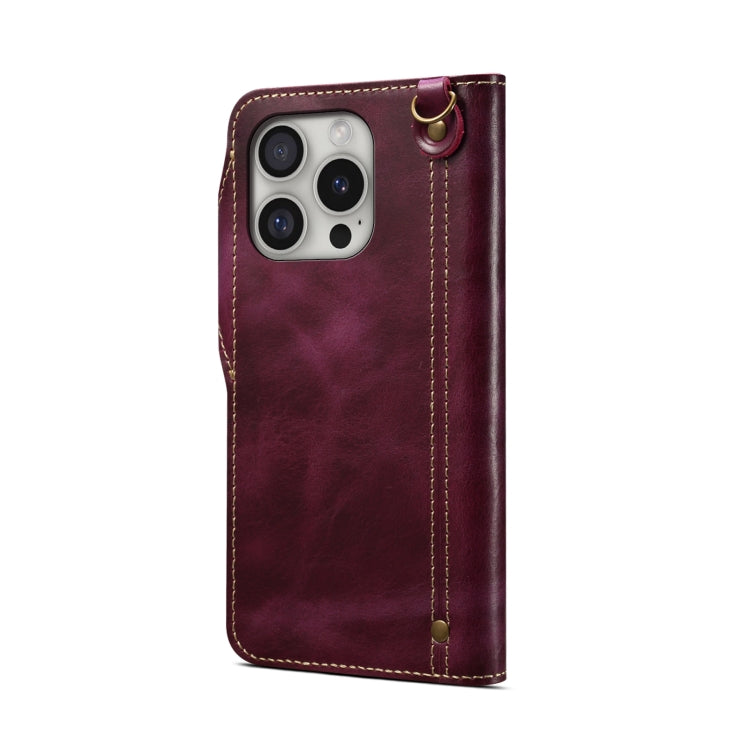 Pour iPhone 16 Pro Denior B01 Étui en Cuir Véritable avec Bouton Magnétique en Cuir de Vachette Ciré (Rouge)