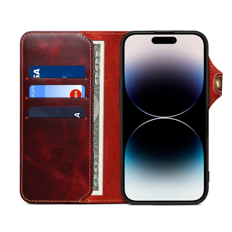 Pour iPhone 16 Pro Denior B01 Étui en Cuir Véritable avec Bouton Magnétique en Cuir de Vachette Ciré (Rouge)