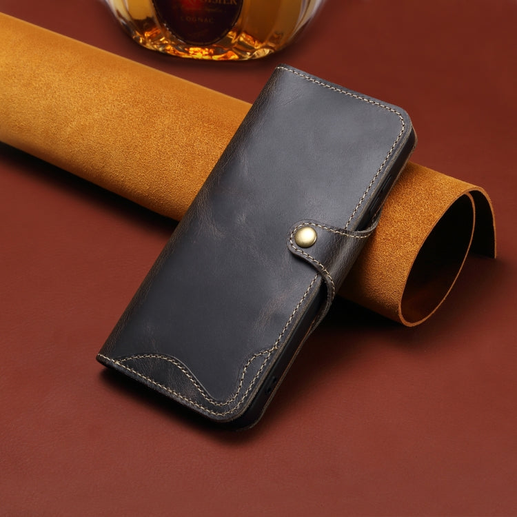 For iPhone 16 Pro Denior B01 Oil Wax Cowhide Magnetic Button Genuine Leather Case(Black)