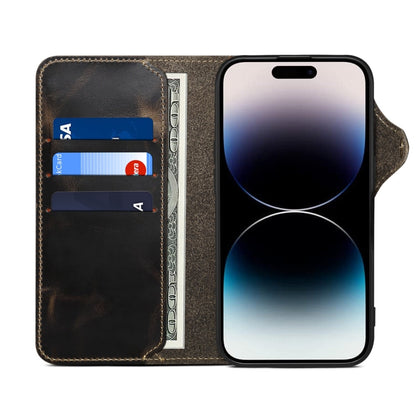For iPhone 16 Pro Denior B01 Oil Wax Cowhide Magnetic Button Genuine Leather Case(Black)