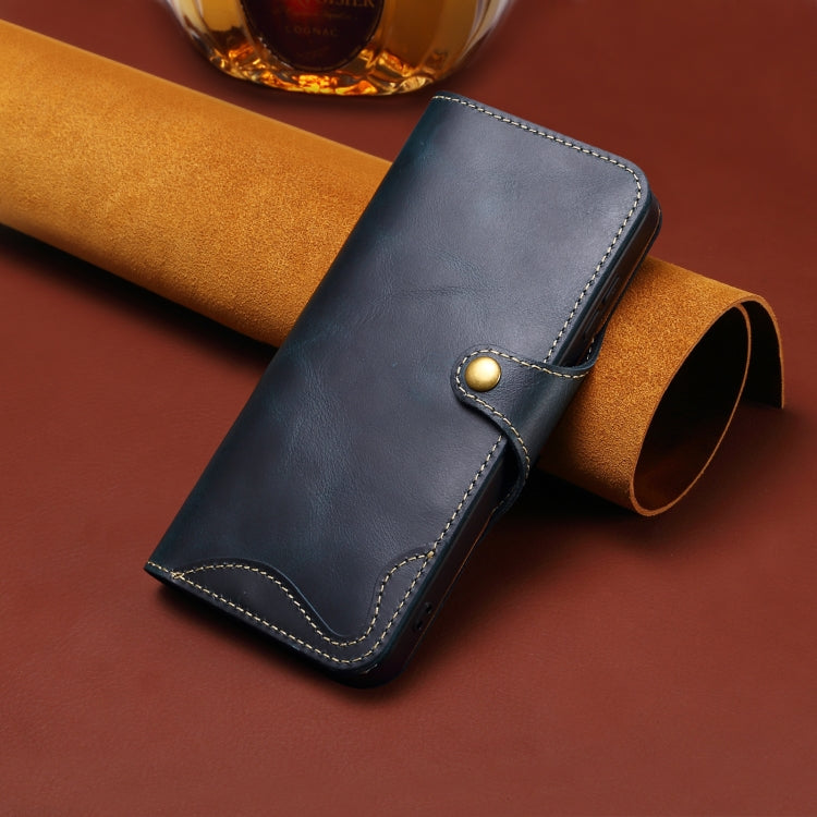 For iPhone 16 Pro Denior B01 Oil Wax Cowhide Magnetic Button Genuine Leather Case(Blue)