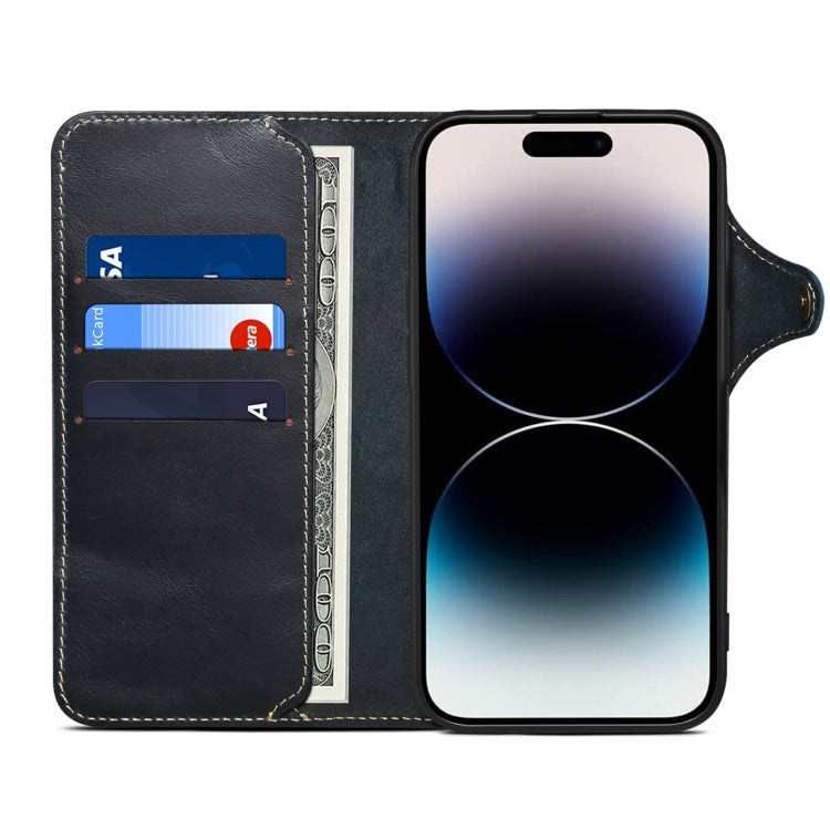 For iPhone 16 Pro Denior B01 Oil Wax Cowhide Magnetic Button Genuine Leather Case(Blue)