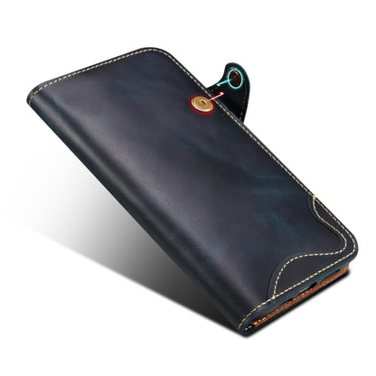 For iPhone 16 Pro Denior B01 Oil Wax Cowhide Magnetic Button Genuine Leather Case(Blue)