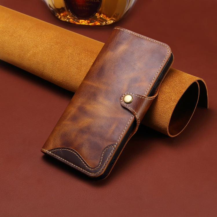 For iPhone 16 Pro Denior B01 Oil Wax Cowhide Magnetic Button Genuine Leather Case(Brown)