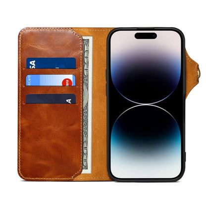For iPhone 16 Pro Denior B01 Oil Wax Cowhide Magnetic Button Genuine Leather Case(Brown)